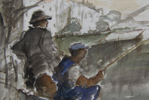 Fishing by the Bell and Crown, Strand on the Green. - from the 'Drawings & Sketches' collection by Jane Corsellis 