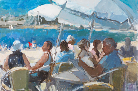 Sunday Papers at the Café, La Rochelle. - from the 'Oils' collection by Jane Corsellis 
