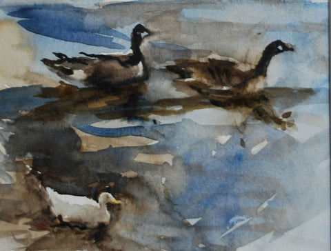 jane Corsellis Duck and Canada Geese, Strand on the Green watercolour painting   