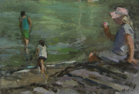 Ice cream on the sea wall. - from the 'Oils' collection by Jane Corsellis 